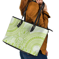 Lime Green Niue Language Week Leather Tote Bag The Rock Coconut Crab - Siapo Pattern LT14 - Polynesian Pride
