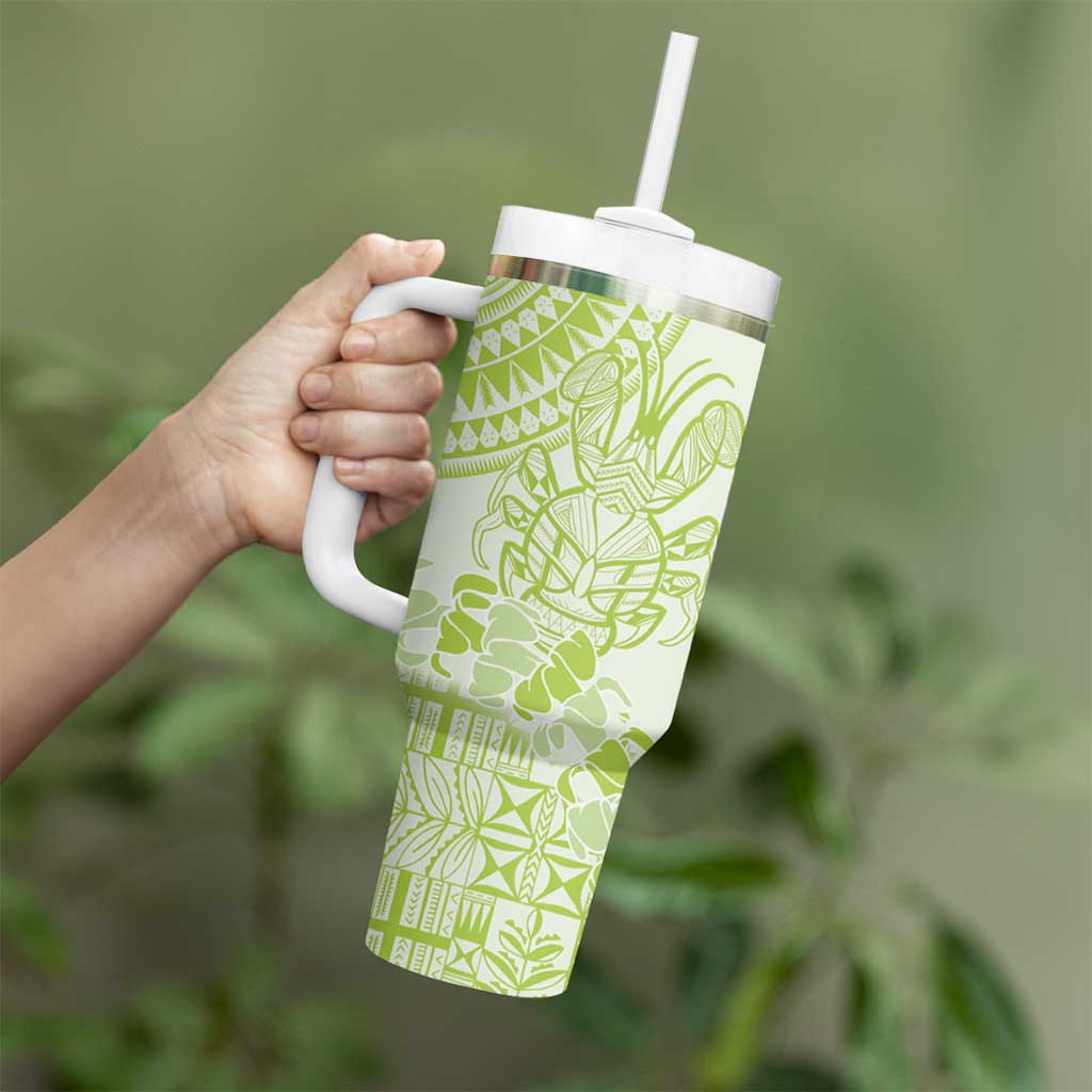 Lime Green Niue Language Week Tumbler With Handle The Rock Coconut Crab - Siapo Pattern LT14 - Polynesian Pride