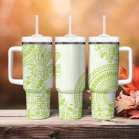 Lime Green Niue Language Week Tumbler With Handle The Rock Coconut Crab - Siapo Pattern LT14 - Polynesian Pride