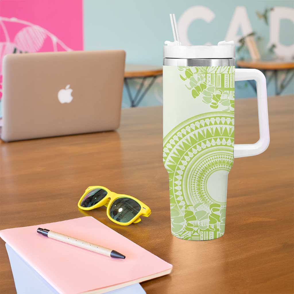 Lime Green Niue Language Week Tumbler With Handle The Rock Coconut Crab - Siapo Pattern LT14 - Polynesian Pride
