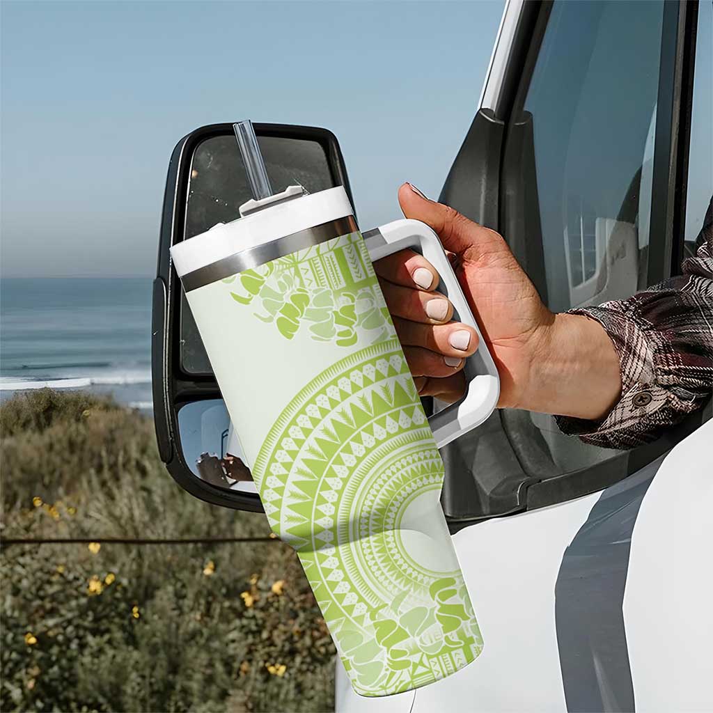 Lime Green Niue Language Week Tumbler With Handle The Rock Coconut Crab - Siapo Pattern LT14 - Polynesian Pride