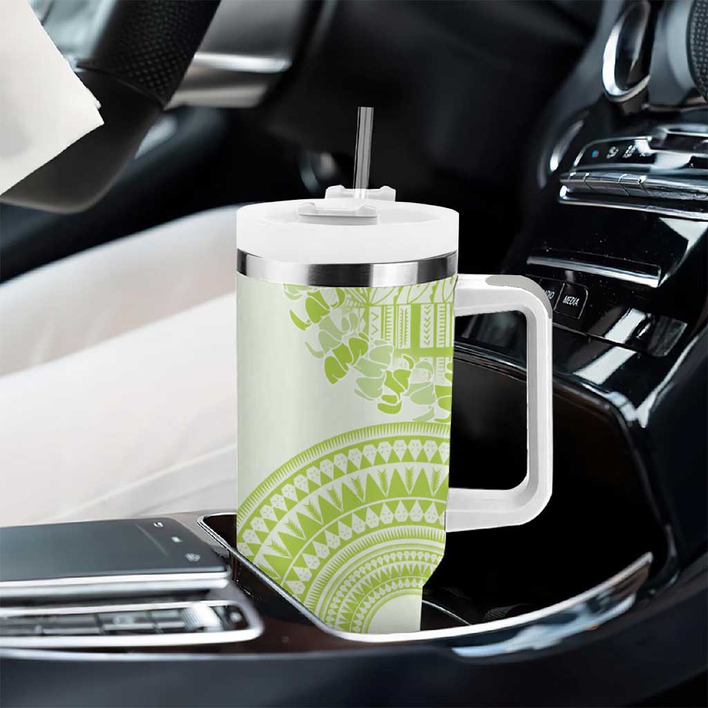 Lime Green Niue Language Week Tumbler With Handle The Rock Coconut Crab - Siapo Pattern LT14 - Polynesian Pride