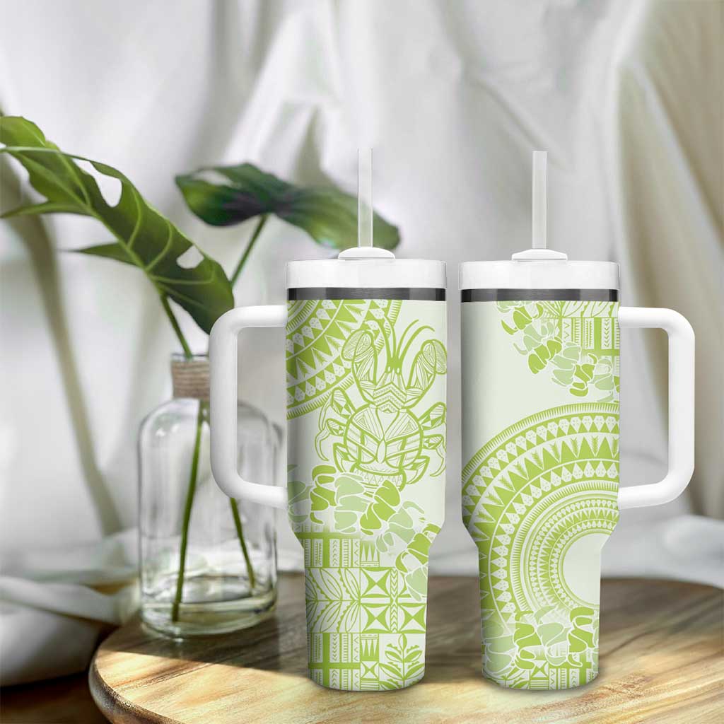 Lime Green Niue Language Week Tumbler With Handle The Rock Coconut Crab - Siapo Pattern LT14 - Polynesian Pride