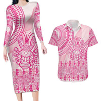 Pink Niue Language Week Couples Matching Long Sleeve Bodycon Dress and Hawaiian Shirt The Rock Coconut Crab - Siapo Pattern LT14 Pink - Polynesian Pride