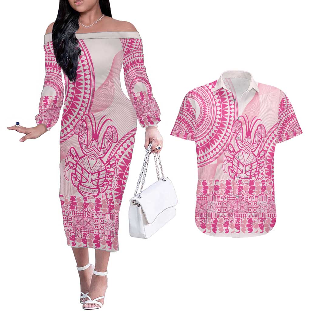 Pink Niue Language Week Couples Matching Off The Shoulder Long Sleeve Dress and Hawaiian Shirt The Rock Coconut Crab - Siapo Pattern LT14 Pink - Polynesian Pride