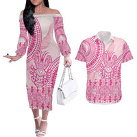 Pink Niue Language Week Couples Matching Off The Shoulder Long Sleeve Dress and Hawaiian Shirt The Rock Coconut Crab - Siapo Pattern LT14 Pink - Polynesian Pride
