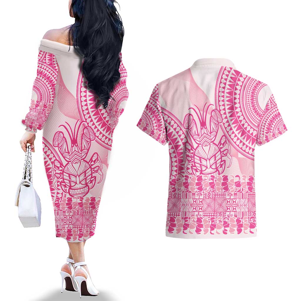 Pink Niue Language Week Couples Matching Off The Shoulder Long Sleeve Dress and Hawaiian Shirt The Rock Coconut Crab - Siapo Pattern LT14 - Polynesian Pride
