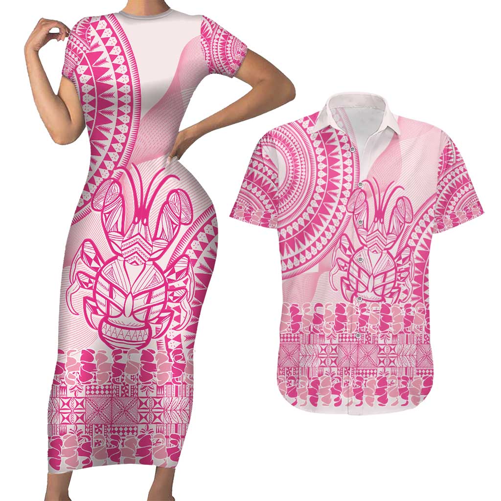 Pink Niue Language Week Couples Matching Short Sleeve Bodycon Dress and Hawaiian Shirt The Rock Coconut Crab - Siapo Pattern LT14 Pink - Polynesian Pride