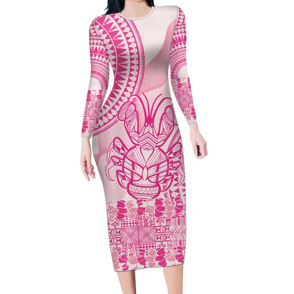 Pink Niue Language Week Family Matching Long Sleeve Bodycon Dress and Hawaiian Shirt The Rock Coconut Crab - Siapo Pattern LT14 Mom's Dress Pink - Polynesian Pride