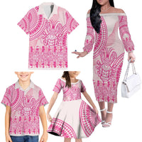 Pink Niue Language Week Family Matching Off The Shoulder Long Sleeve Dress and Hawaiian Shirt The Rock Coconut Crab - Siapo Pattern LT14 - Polynesian Pride