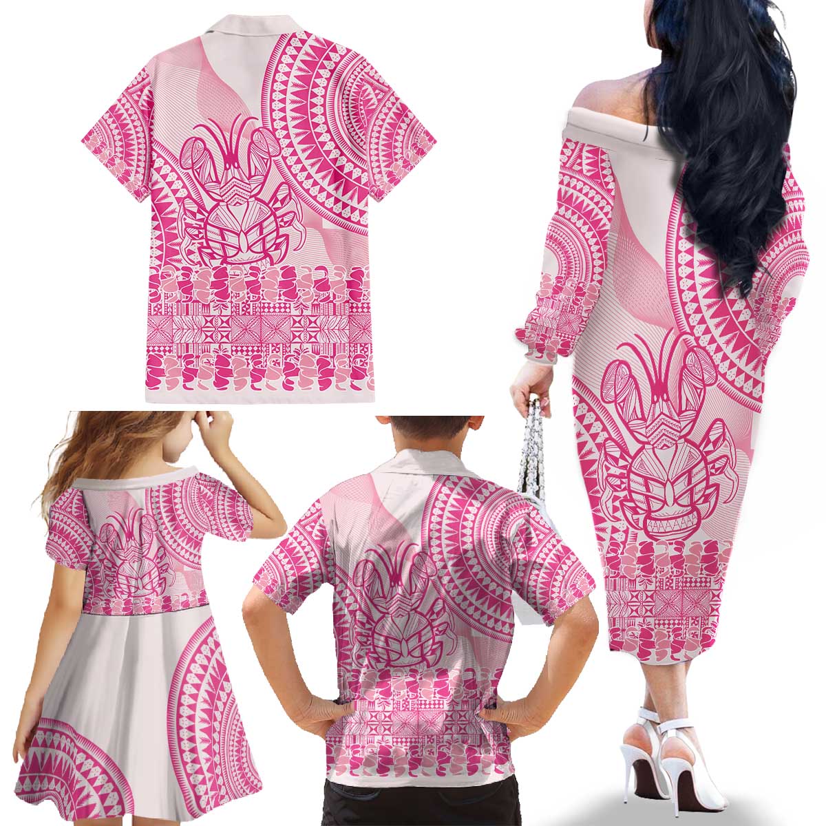 Pink Niue Language Week Family Matching Off The Shoulder Long Sleeve Dress and Hawaiian Shirt The Rock Coconut Crab - Siapo Pattern LT14 - Polynesian Pride