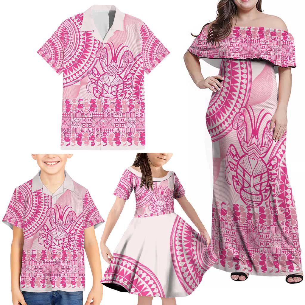 Pink Niue Language Week Family Matching Off Shoulder Maxi Dress and Hawaiian Shirt The Rock Coconut Crab - Siapo Pattern LT14 - Polynesian Pride