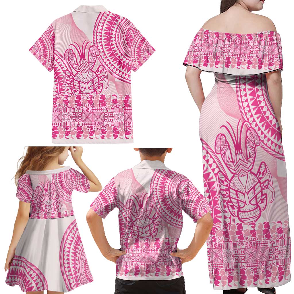 Pink Niue Language Week Family Matching Off Shoulder Maxi Dress and Hawaiian Shirt The Rock Coconut Crab - Siapo Pattern LT14 - Polynesian Pride
