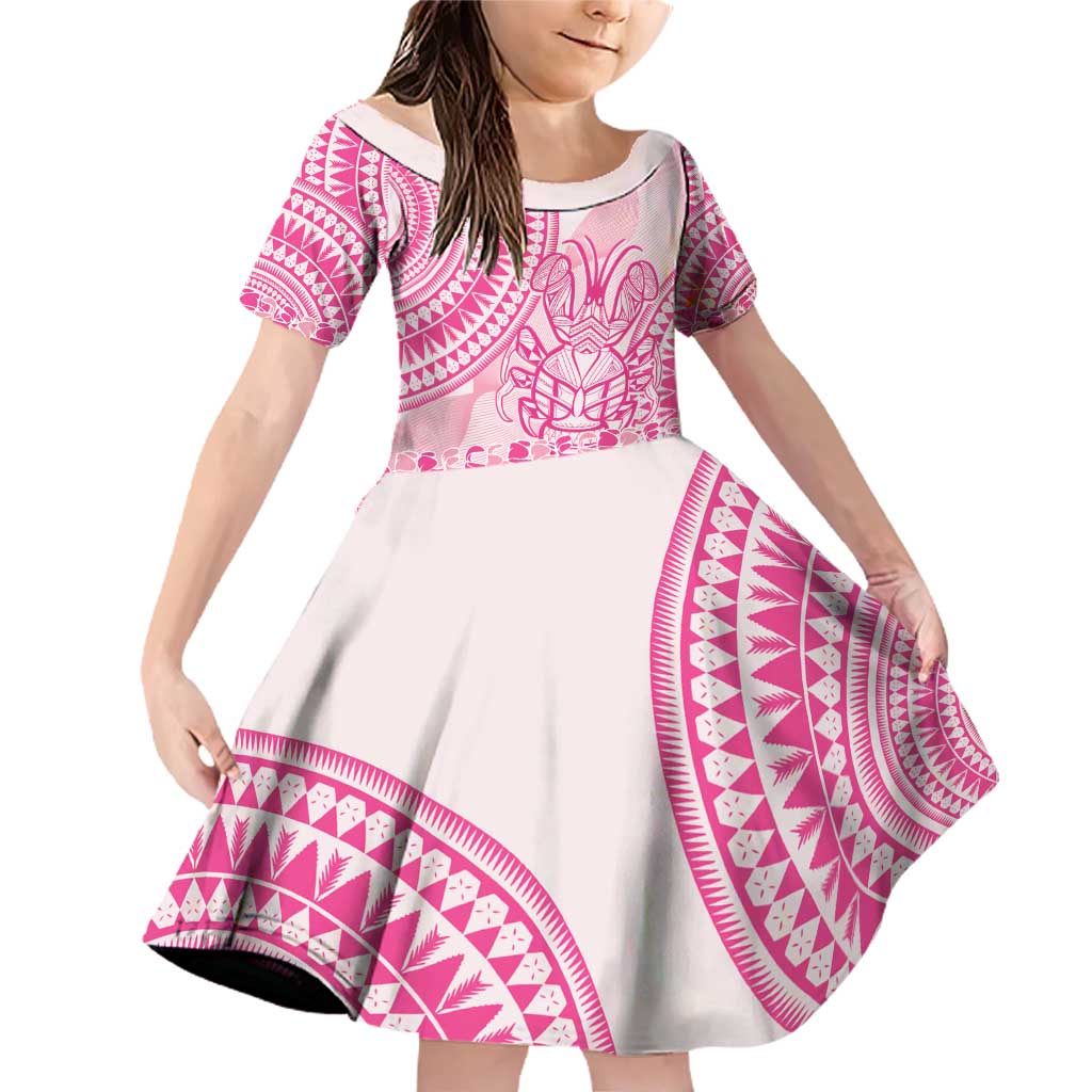 Pink Niue Language Week Family Matching Off Shoulder Short Dress and Hawaiian Shirt The Rock Coconut Crab - Siapo Pattern LT14 Daughter's Dress Pink - Polynesian Pride