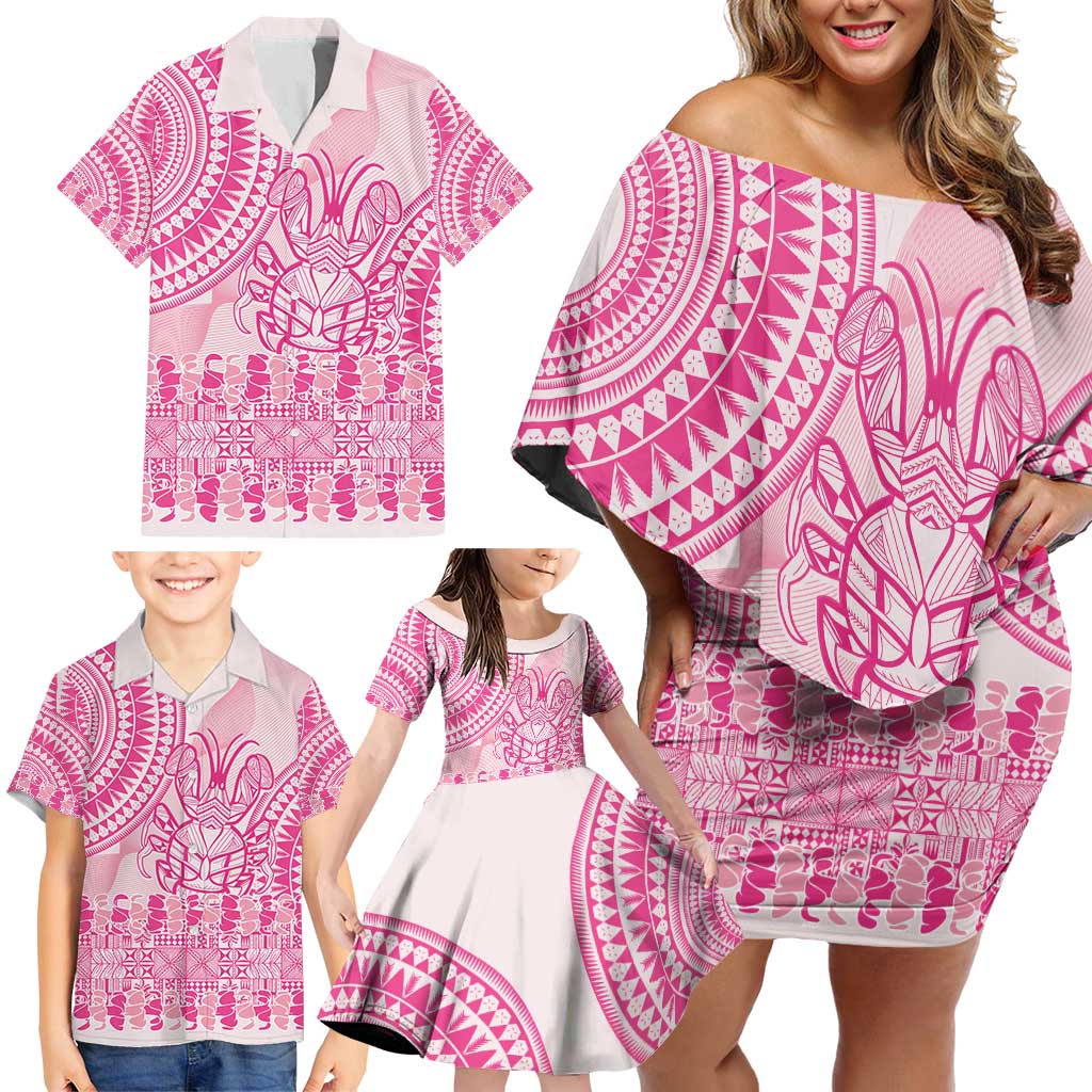 Pink Niue Language Week Family Matching Off Shoulder Short Dress and Hawaiian Shirt The Rock Coconut Crab - Siapo Pattern LT14 - Polynesian Pride