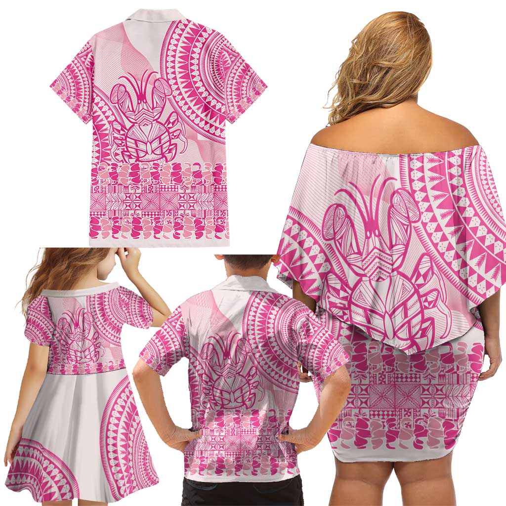 Pink Niue Language Week Family Matching Off Shoulder Short Dress and Hawaiian Shirt The Rock Coconut Crab - Siapo Pattern LT14 - Polynesian Pride