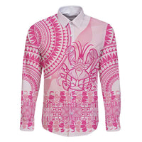Pink Niue Language Week Family Matching Off Shoulder Short Dress and Hawaiian Shirt The Rock Coconut Crab - Siapo Pattern LT14 Dad's Shirt - Long Sleeve Pink - Polynesian Pride