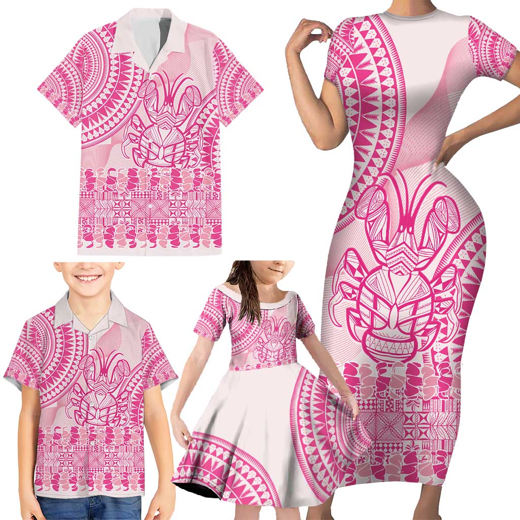 Pink Niue Language Week Family Matching Short Sleeve Bodycon Dress and Hawaiian Shirt The Rock Coconut Crab - Siapo Pattern LT14 - Polynesian Pride