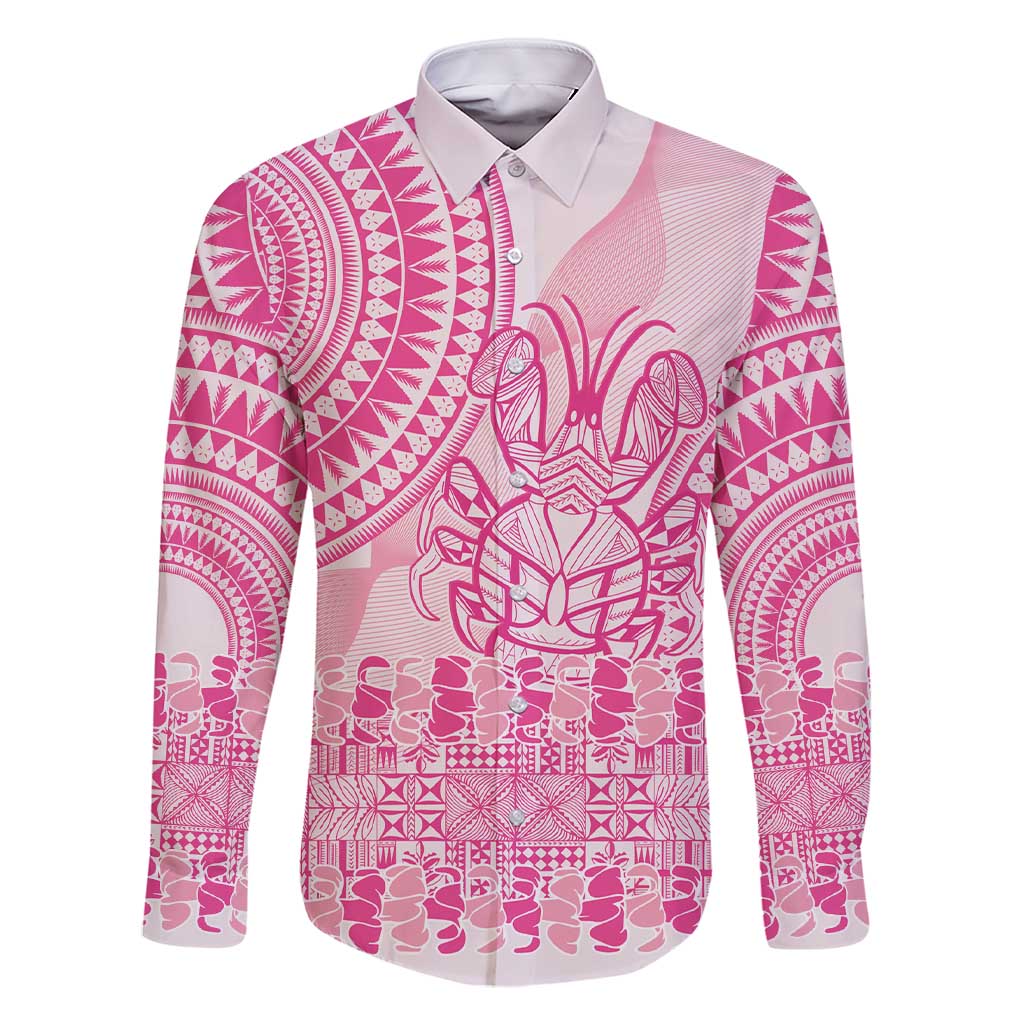Pink Niue Language Week Family Matching Short Sleeve Bodycon Dress and Hawaiian Shirt The Rock Coconut Crab - Siapo Pattern LT14 Dad's Shirt - Long Sleeve Pink - Polynesian Pride