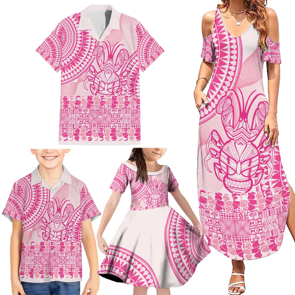 Pink Niue Language Week Family Matching Summer Maxi Dress and Hawaiian Shirt The Rock Coconut Crab - Siapo Pattern LT14 - Polynesian Pride