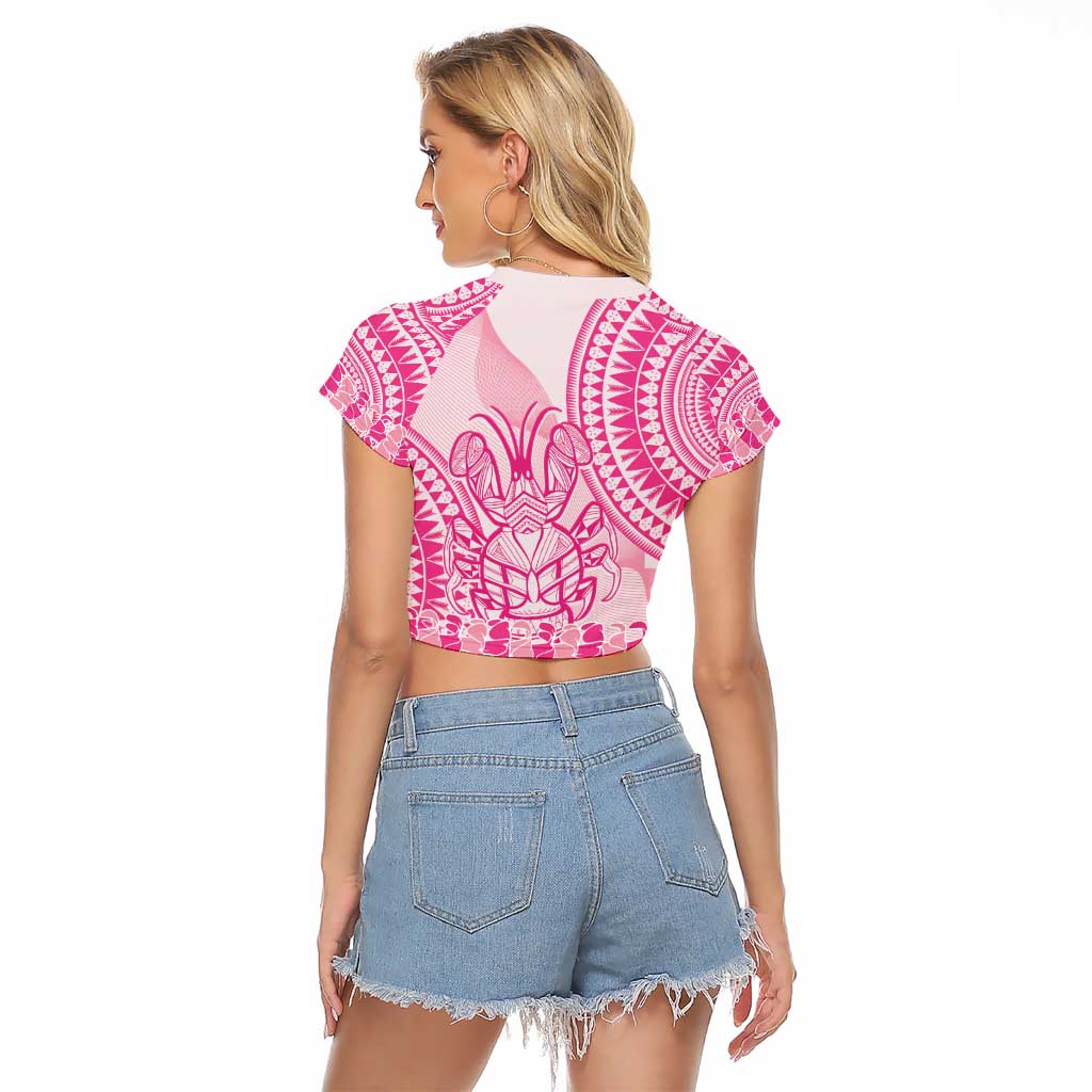 Pink Niue Language Week Raglan Cropped T Shirt The Rock Coconut Crab - Siapo Pattern LT14 - Polynesian Pride