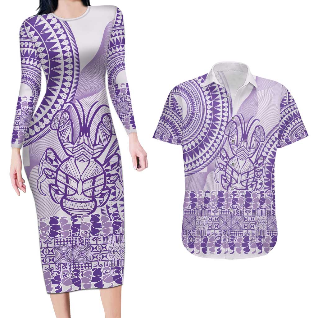 Purple Niue Language Week Couples Matching Long Sleeve Bodycon Dress and Hawaiian Shirt The Rock Coconut Crab - Siapo Pattern LT14 Purple - Polynesian Pride