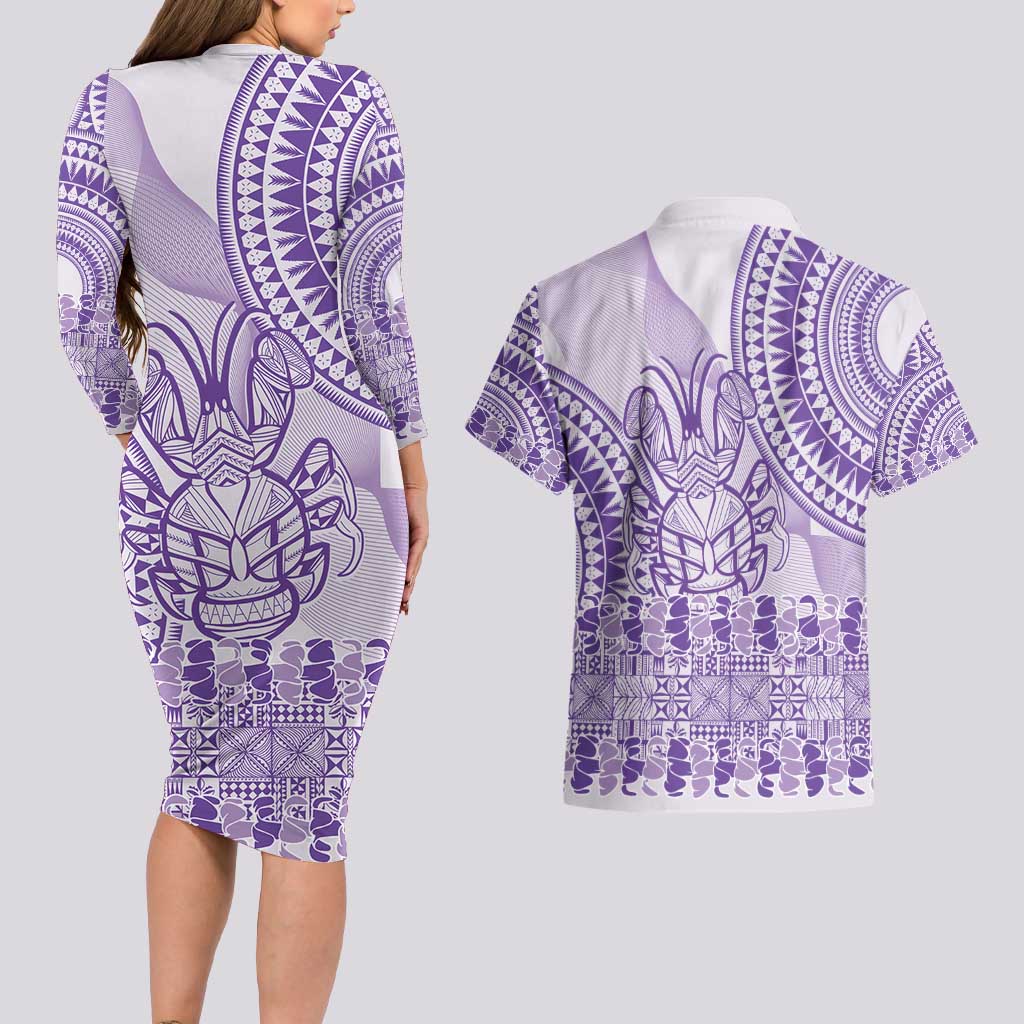 Purple Niue Language Week Couples Matching Long Sleeve Bodycon Dress and Hawaiian Shirt The Rock Coconut Crab - Siapo Pattern LT14 - Polynesian Pride