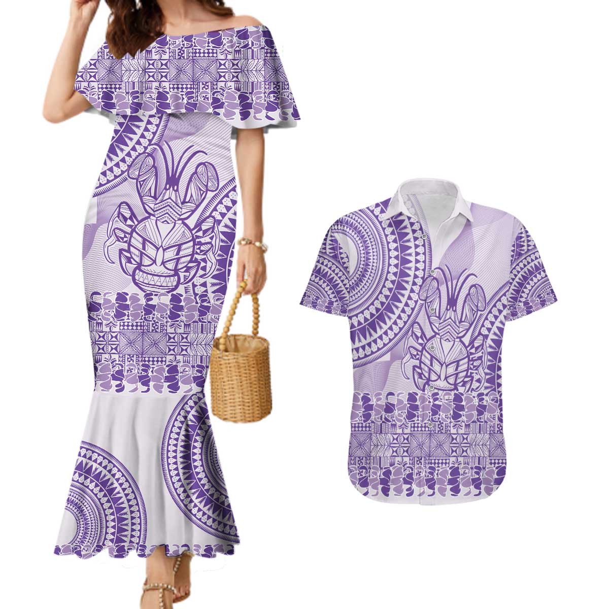 Purple Niue Language Week Couples Matching Mermaid Dress and Hawaiian Shirt The Rock Coconut Crab - Siapo Pattern LT14 Purple - Polynesian Pride