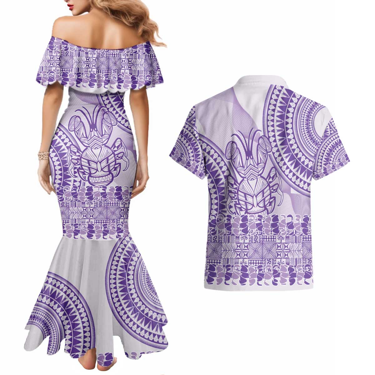 Purple Niue Language Week Couples Matching Mermaid Dress and Hawaiian Shirt The Rock Coconut Crab - Siapo Pattern LT14 - Polynesian Pride