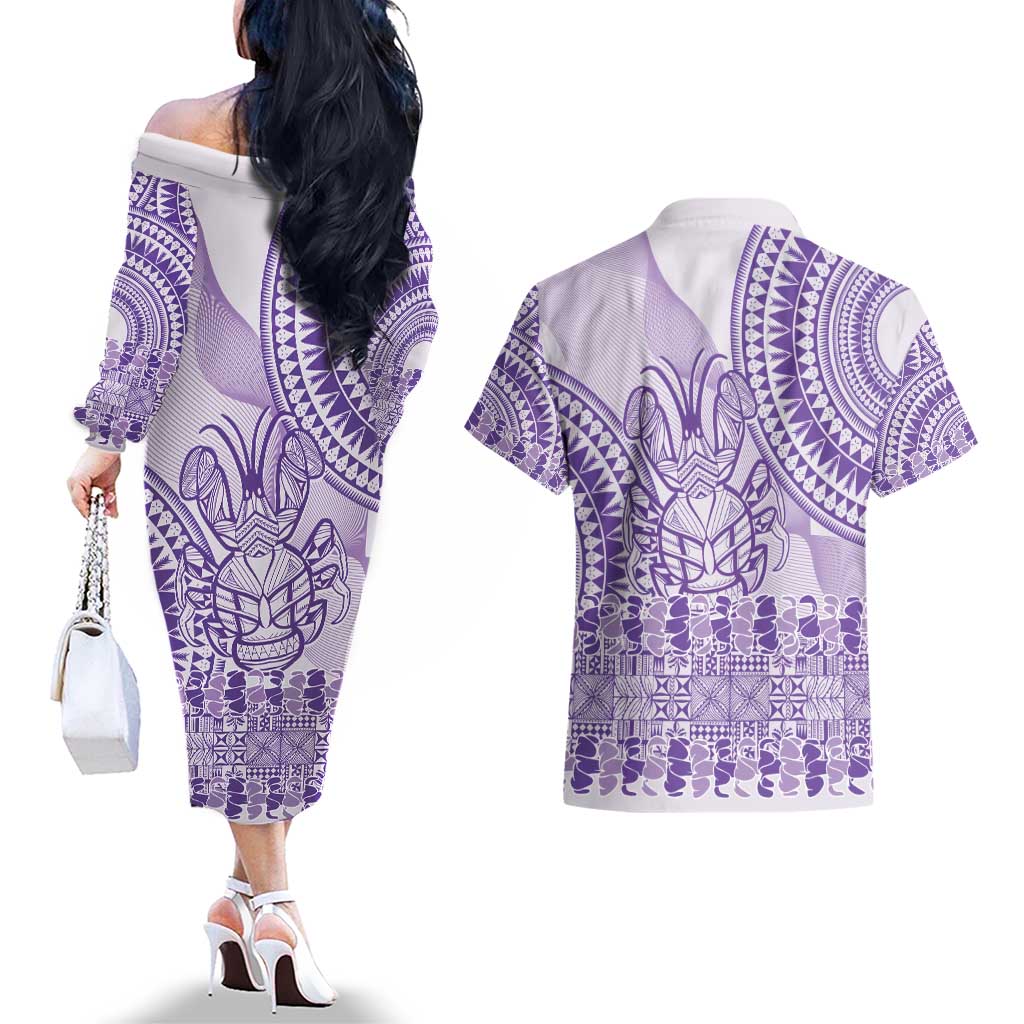 Purple Niue Language Week Couples Matching Off The Shoulder Long Sleeve Dress and Hawaiian Shirt The Rock Coconut Crab - Siapo Pattern LT14 - Polynesian Pride