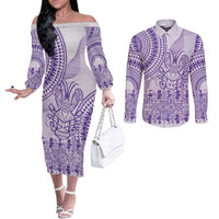 Purple Niue Language Week Couples Matching Off The Shoulder Long Sleeve Dress and Long Sleeve Button Shirt The Rock Coconut Crab - Siapo Pattern LT14 Purple - Polynesian Pride