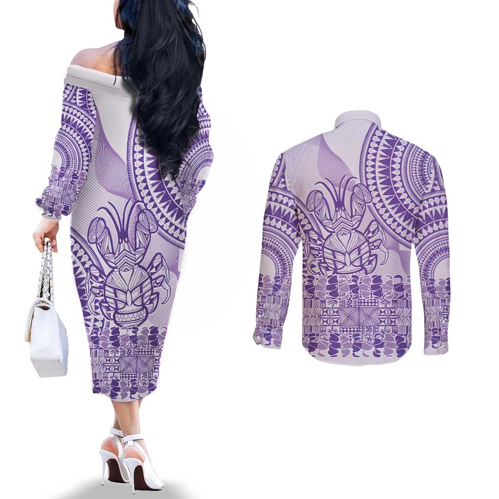 Purple Niue Language Week Couples Matching Off The Shoulder Long Sleeve Dress and Long Sleeve Button Shirt The Rock Coconut Crab - Siapo Pattern LT14 - Polynesian Pride