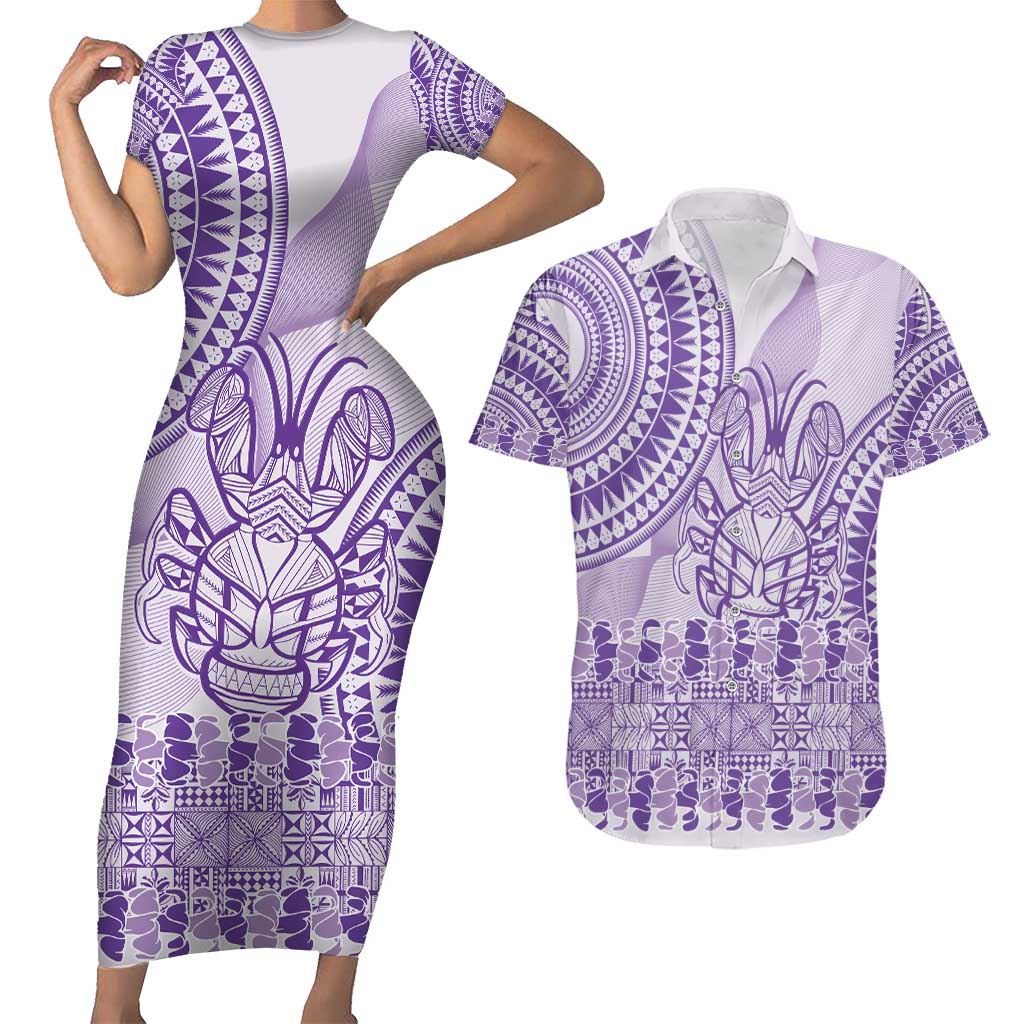 Purple Niue Language Week Couples Matching Short Sleeve Bodycon Dress and Hawaiian Shirt The Rock Coconut Crab - Siapo Pattern LT14 Purple - Polynesian Pride