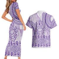 Purple Niue Language Week Couples Matching Short Sleeve Bodycon Dress and Hawaiian Shirt The Rock Coconut Crab - Siapo Pattern LT14 - Polynesian Pride