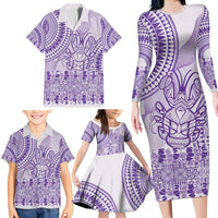 Purple Niue Language Week Family Matching Long Sleeve Bodycon Dress and Hawaiian Shirt The Rock Coconut Crab - Siapo Pattern LT14 - Polynesian Pride