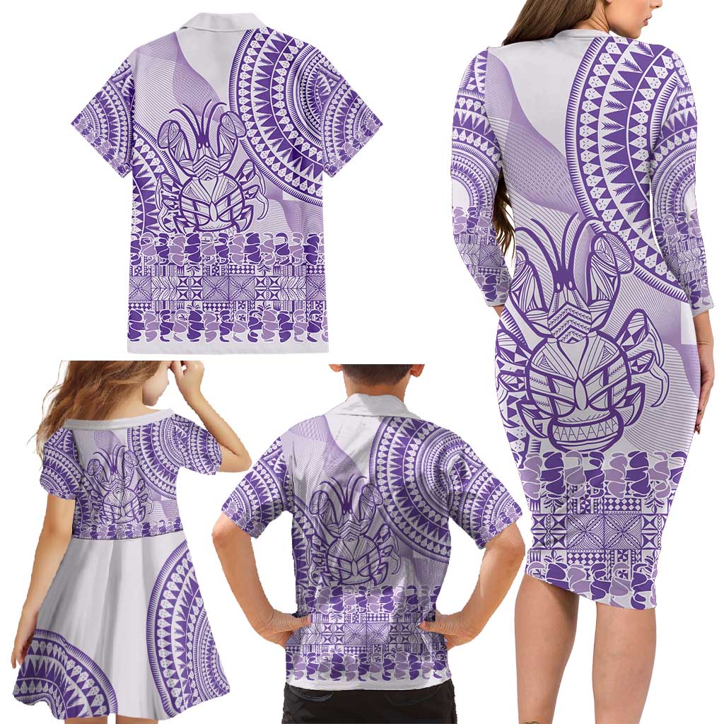 Purple Niue Language Week Family Matching Long Sleeve Bodycon Dress and Hawaiian Shirt The Rock Coconut Crab - Siapo Pattern LT14 - Polynesian Pride