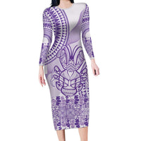 Purple Niue Language Week Family Matching Long Sleeve Bodycon Dress and Hawaiian Shirt The Rock Coconut Crab - Siapo Pattern LT14 Mom's Dress Purple - Polynesian Pride