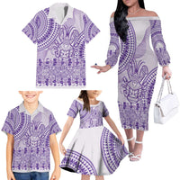 Purple Niue Language Week Family Matching Off The Shoulder Long Sleeve Dress and Hawaiian Shirt The Rock Coconut Crab - Siapo Pattern LT14 - Polynesian Pride