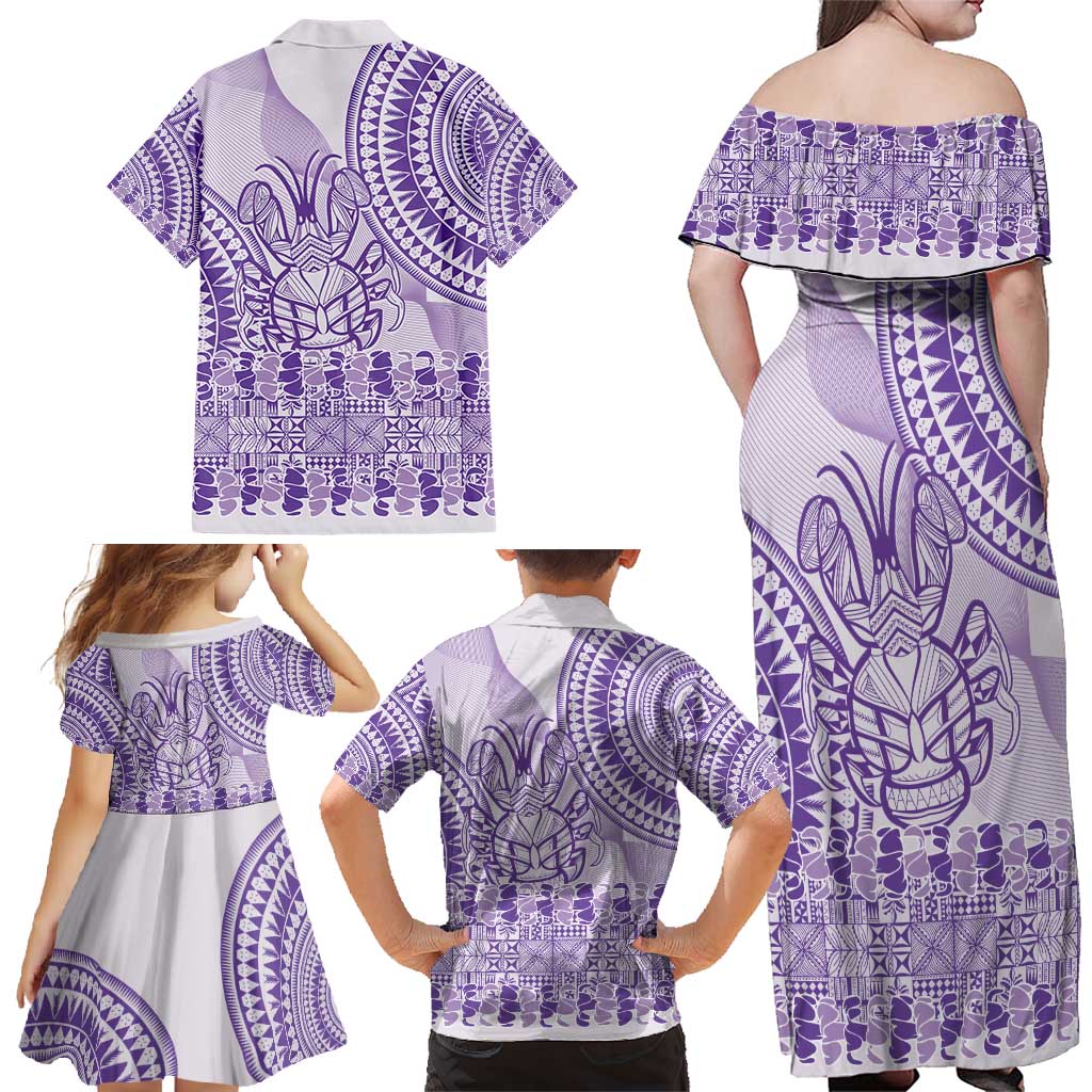 Purple Niue Language Week Family Matching Off Shoulder Maxi Dress and Hawaiian Shirt The Rock Coconut Crab - Siapo Pattern LT14 - Polynesian Pride