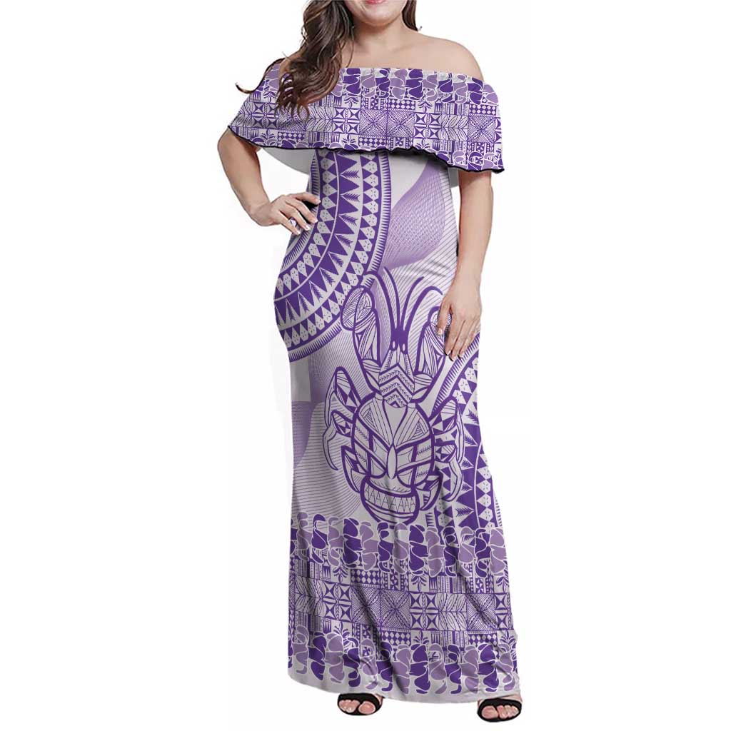Purple Niue Language Week Family Matching Off Shoulder Maxi Dress and Hawaiian Shirt The Rock Coconut Crab - Siapo Pattern LT14 Mom's Dress Purple - Polynesian Pride