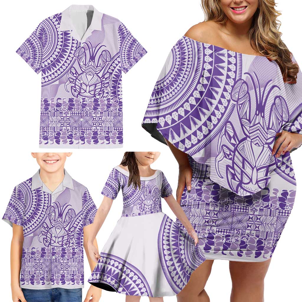 Purple Niue Language Week Family Matching Off Shoulder Short Dress and Hawaiian Shirt The Rock Coconut Crab - Siapo Pattern LT14 - Polynesian Pride