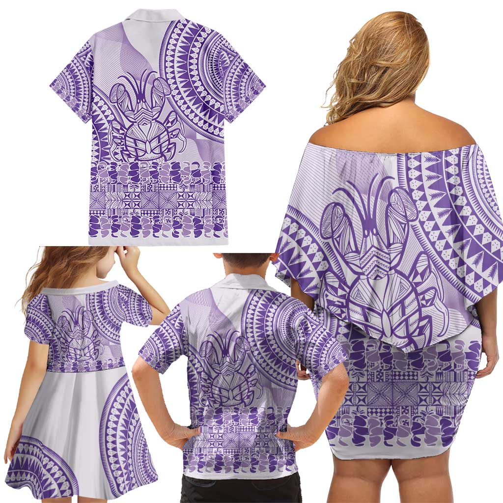 Purple Niue Language Week Family Matching Off Shoulder Short Dress and Hawaiian Shirt The Rock Coconut Crab - Siapo Pattern LT14 - Polynesian Pride