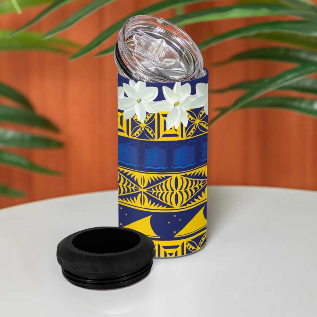 Tokelau Language Week 4 in 1 Can Cooler Tumbler Tokelauan Tuluma With Gardenia Thunbergia LT14 - Polynesian Pride