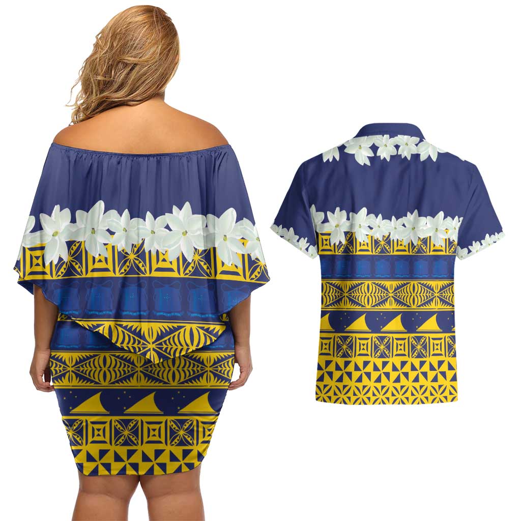 Tokelau Language Week Couples Matching Off Shoulder Short Dress and Hawaiian Shirt Tokelauan Tuluma With Gardenia Thunbergia LT14 - Polynesian Pride