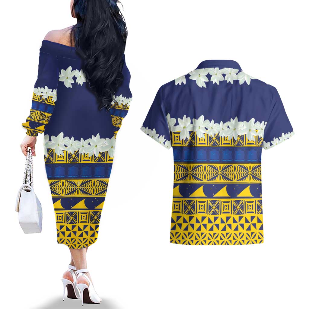 Tokelau Language Week Couples Matching Off The Shoulder Long Sleeve Dress and Hawaiian Shirt Tokelauan Tuluma With Gardenia Thunbergia LT14 - Polynesian Pride