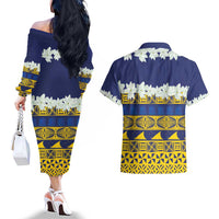 Tokelau Language Week Couples Matching Off The Shoulder Long Sleeve Dress and Hawaiian Shirt Tokelauan Tuluma With Gardenia Thunbergia LT14 - Polynesian Pride