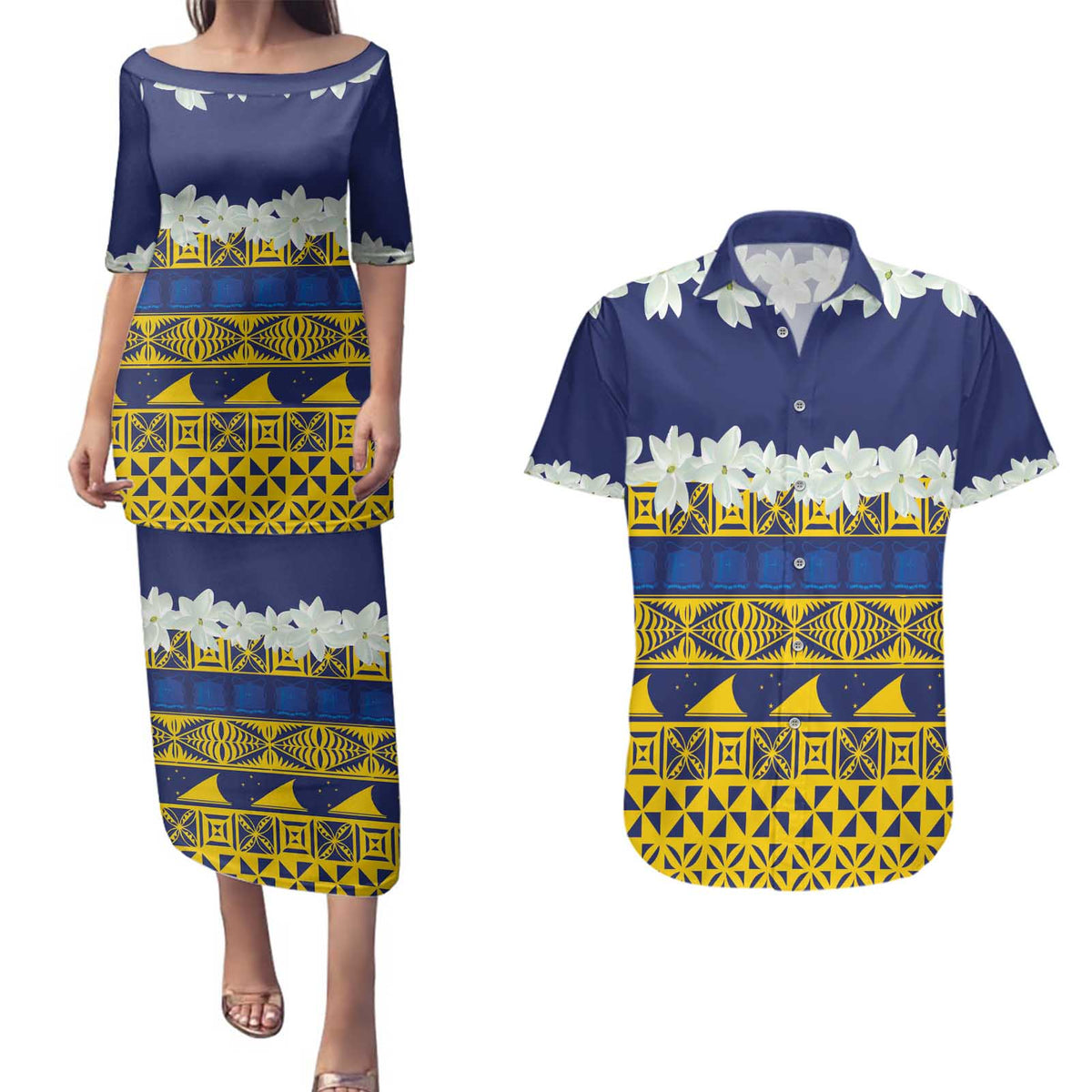 Tokelau Language Week Couples Matching Puletasi and Hawaiian Shirt Tokelauan Tuluma With Gardenia Thunbergia LT14 Blue - Polynesian Pride
