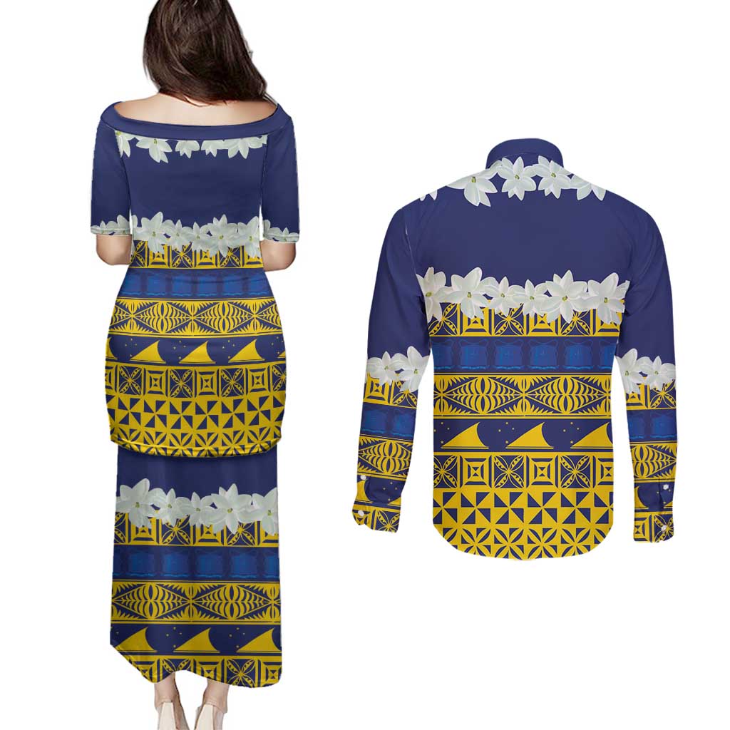 Tokelau Language Week Couples Matching Puletasi and Long Sleeve Button Shirt Tokelauan Tuluma With Gardenia Thunbergia