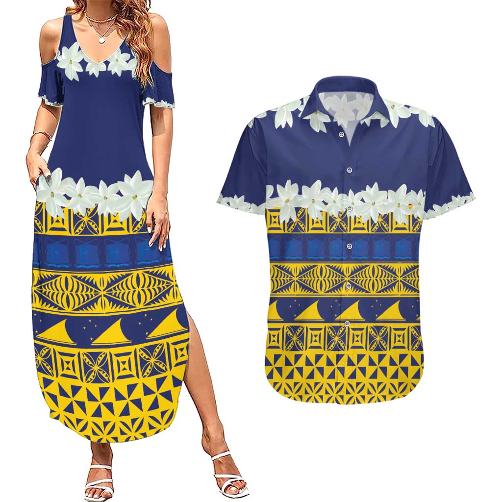 Tokelau Language Week Couples Matching Summer Maxi Dress and Hawaiian Shirt Tokelauan Tuluma With Gardenia Thunbergia LT14 Blue - Polynesian Pride