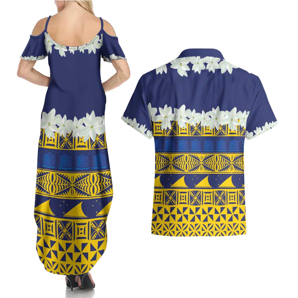 Tokelau Language Week Couples Matching Summer Maxi Dress and Hawaiian Shirt Tokelauan Tuluma With Gardenia Thunbergia LT14 - Polynesian Pride